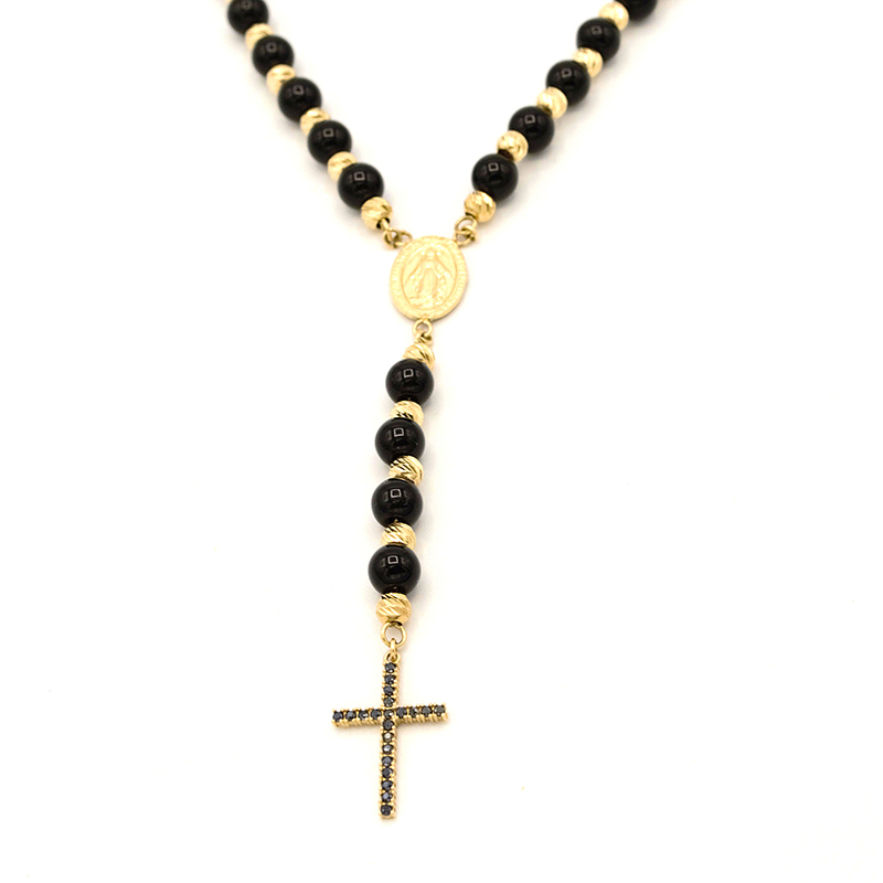 Zlatý Růženec černé kuličky, křížek a Madonka 13,88g