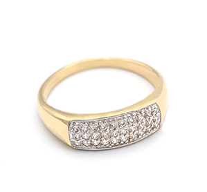 Zlatý prsten se třemi pruhy zirkonů dvě barvy zlata 2,35g