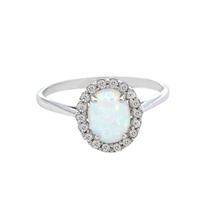 Prsten z bílého zlata, ovál s opálem a zirkony 2,14g