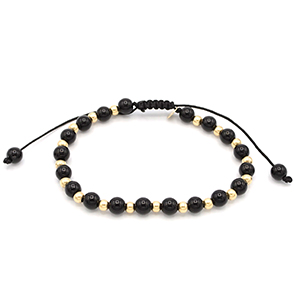 Náramek provázkový černý ze zlatých a černých kuliček 9,00g