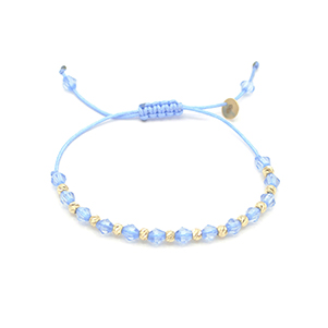 Náramek modrý provázek s modrými válečky a zlatými kuličkami 