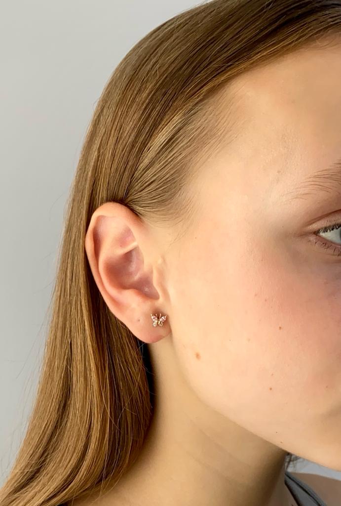 Zlaté náušnice motýlci na puzetu se světle růžovými a bílými kamínky 1,11g