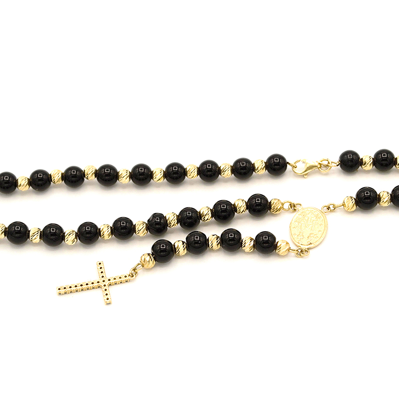 Zlatý Růženec černé kuličky, křížek a Madonka 13,88g