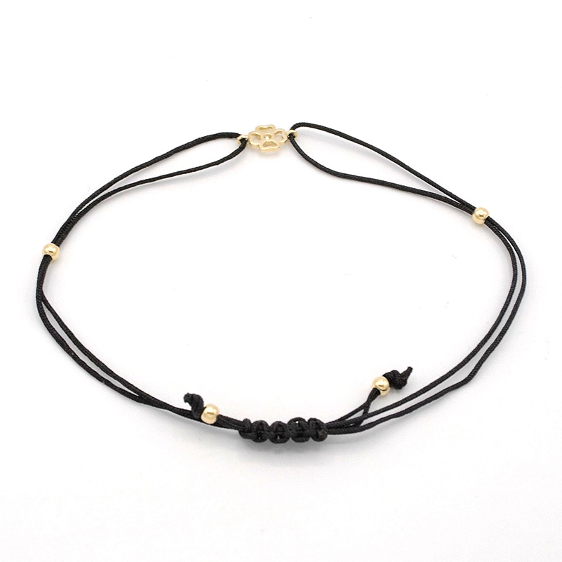 Náramek černý provázek s čtyřlístkem se zirkonem a kuličkami 0,61g