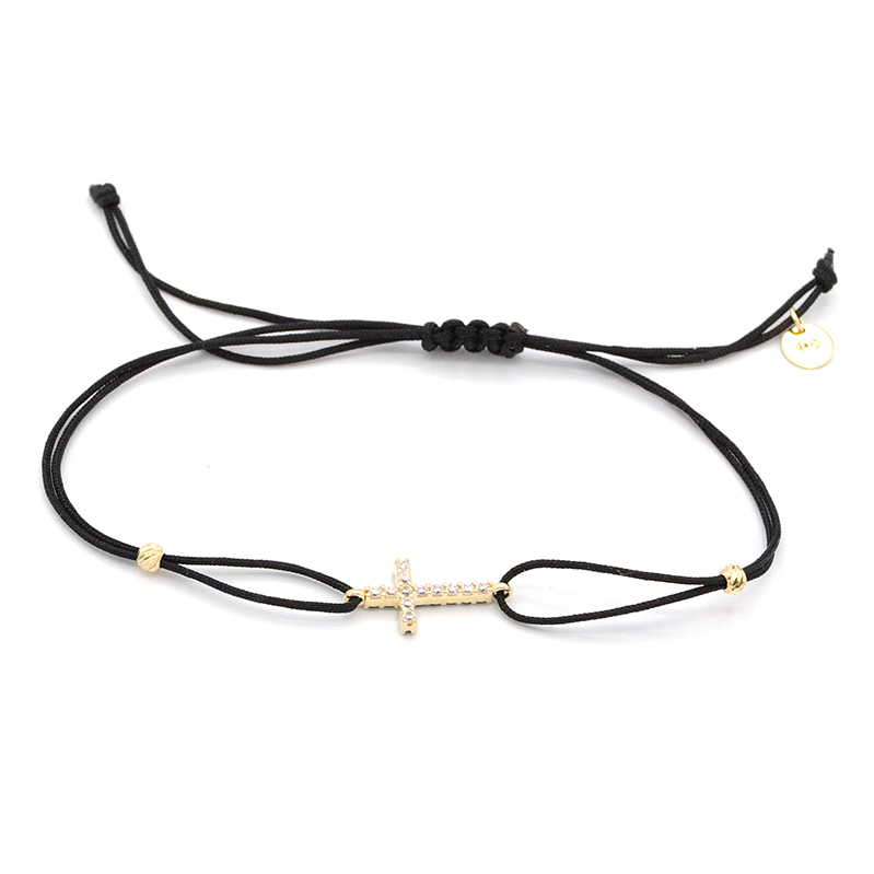 Náramek černý provázek s křížkem s bílými a černými zirkony 0,97g 