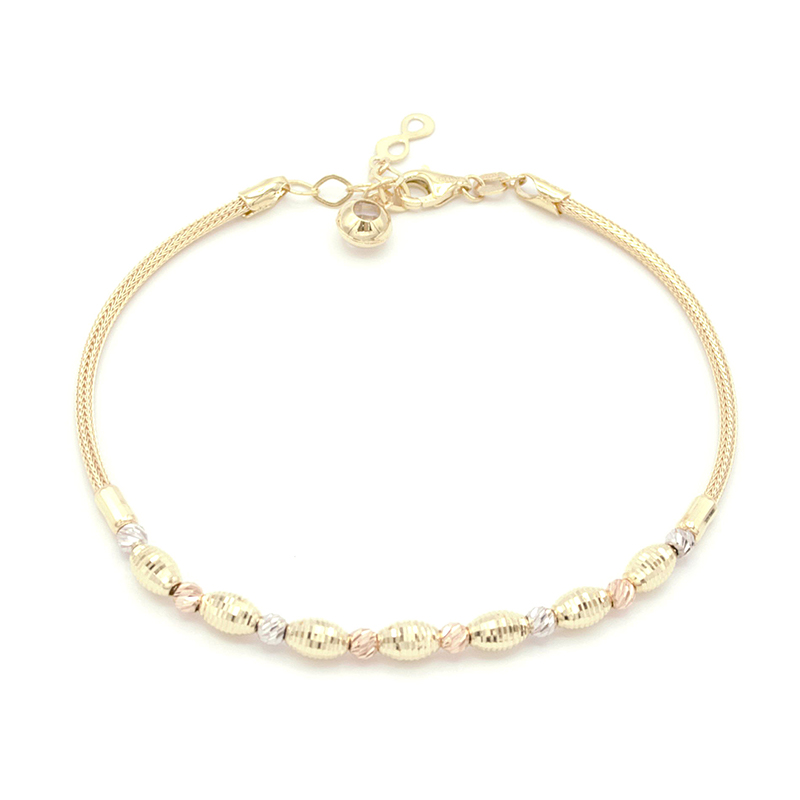 Zlatý náramek lanko s kuličkami a válečky tři barvy zlata 4,35g 