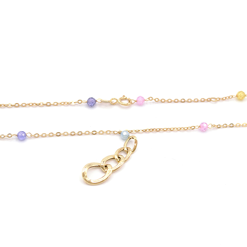 Zlatý náhrdelník zdobený barevnými kuličkami a visací řetízkovou ozdobou 2,00g