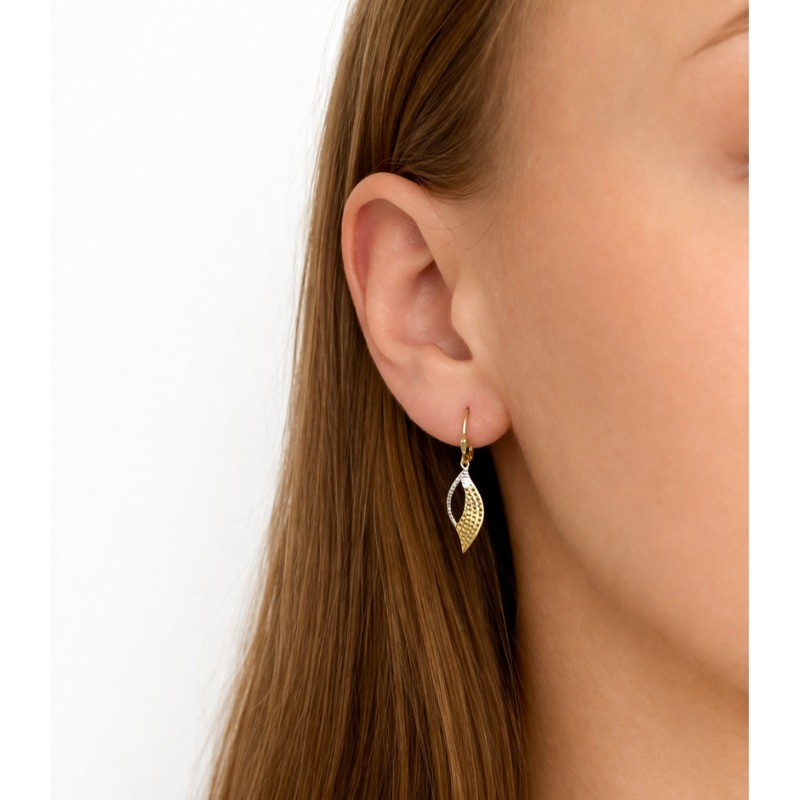 Zlaté visací náušnice kapky se zdobením dvě barvy zlata 