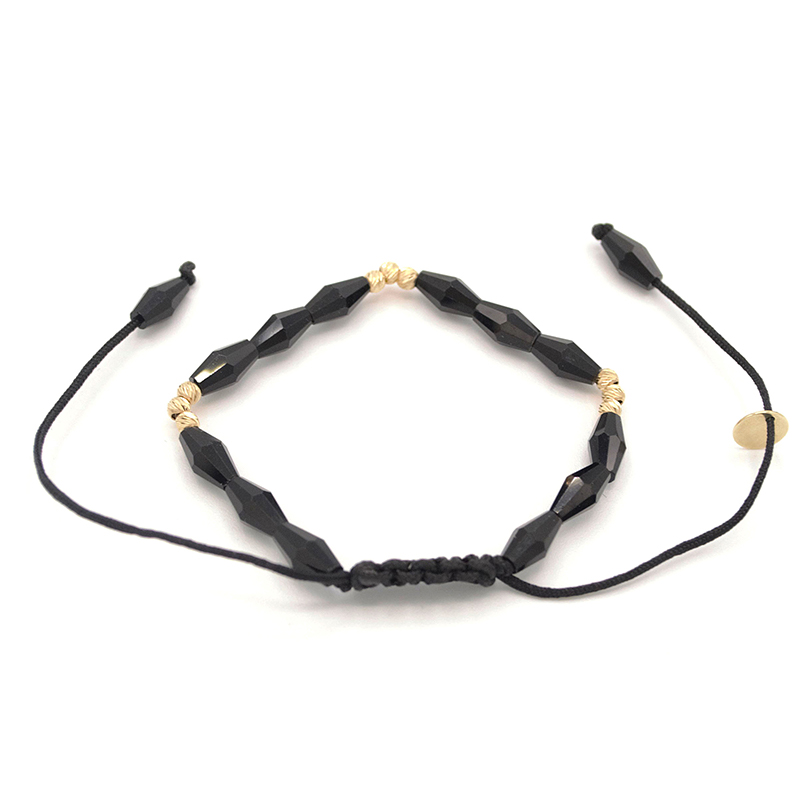 Provázkový náramek černý zdobený černými korálky a zlatými kuličkami 