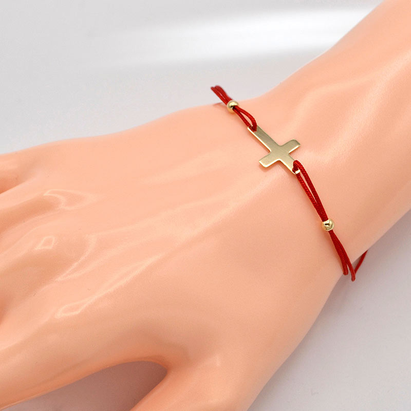 Náramek červený provázek se zlatým křížkem a kuličkami 0,65g