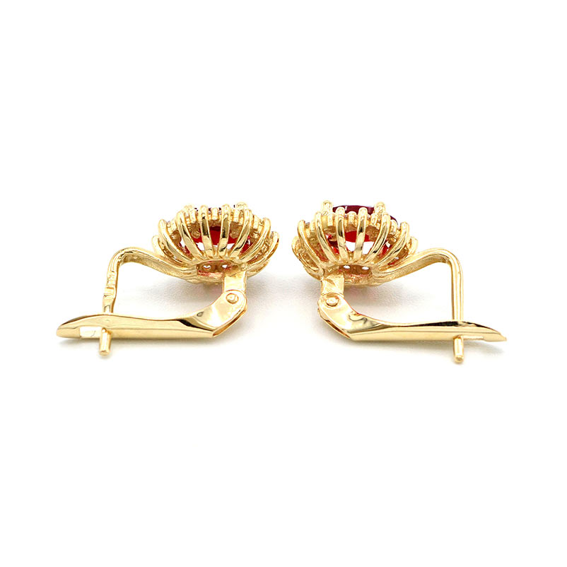 Zlaté náušnice ovály s červeným kamenem a zirkony 3,18g