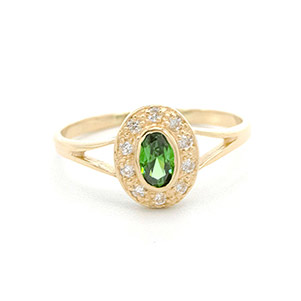 Zlatý prsten se zeleným kamenem a zirkony 1,45g