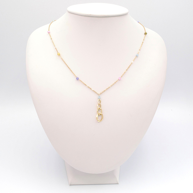 Zlatý náhrdelník zdobený barevnými kuličkami a visací řetízkovou ozdobou 2,00g