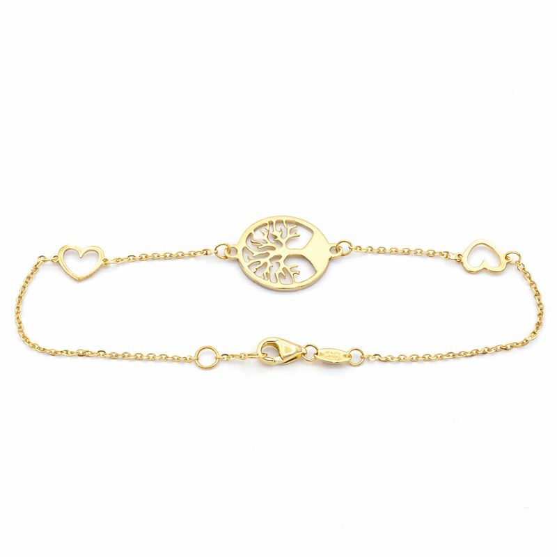 Zlatý náramek strom života zdobený srdíčky dvě barvy zlata 