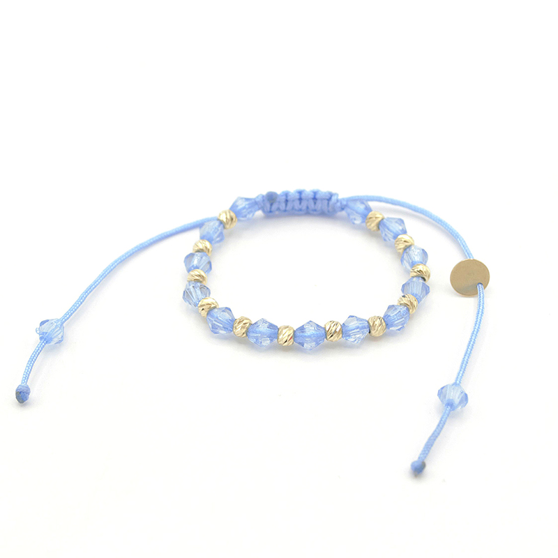 Náramek modrý provázek s modrými válečky a zlatými kuličkami 