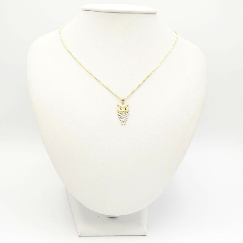 Zlatý přívěsek sova zdobená zirkony dvě barvy zlata 