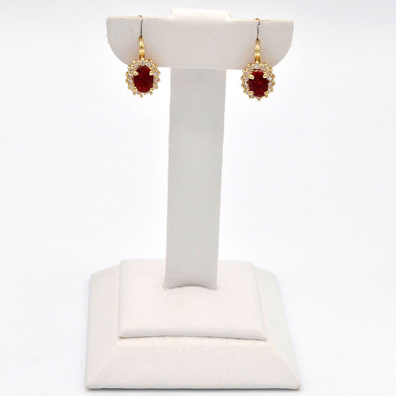 Zlaté náušnice ovály s červeným kamenem a zirkony 3,18g