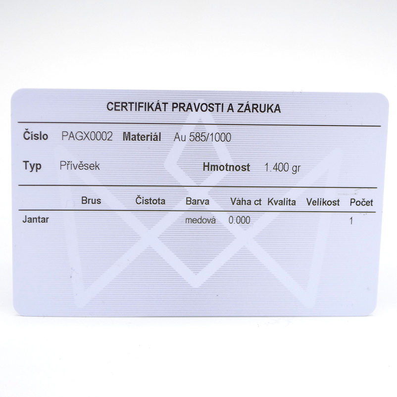 Zlatý přívěsek s jantarem a certifikátem 1,40g