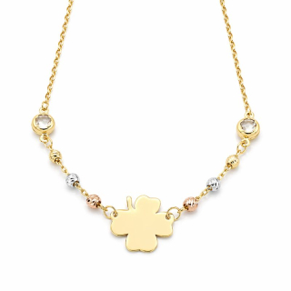 Zlatý náhrdelník se čtytřlístkem a kuličkami tři barvy zlata